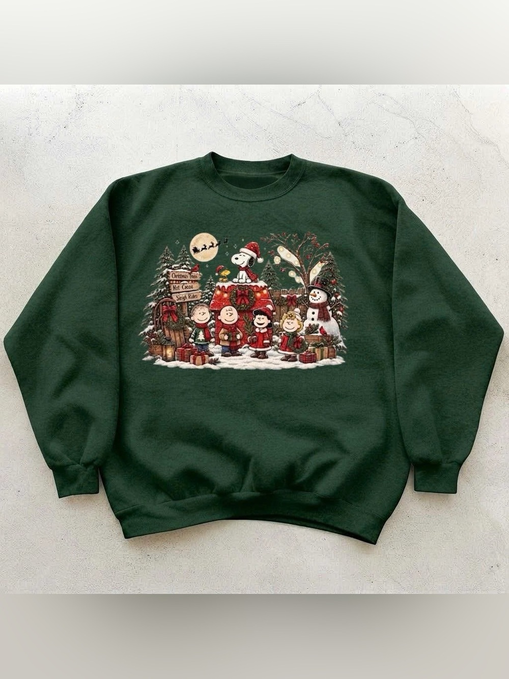 Vintage Dark Green Christmas Holiday Sweatshirt with Peanuts Caroling Scene